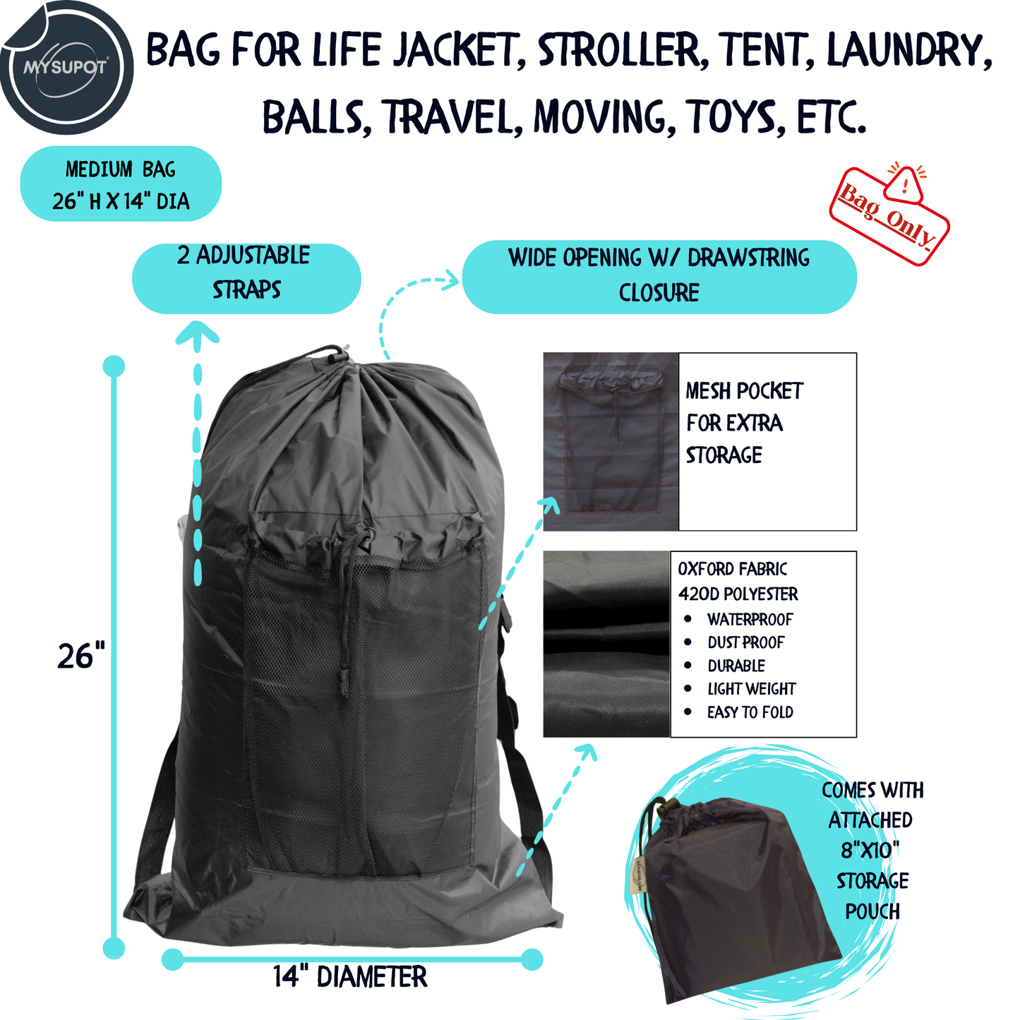 Multipurpose Bag – Lightweight 420D Polyester with Adjustable Straps (Black)