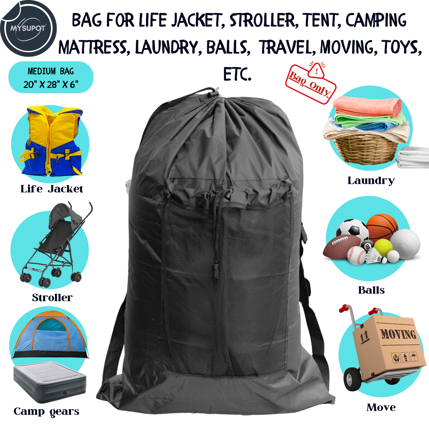 Multipurpose Bag – Lightweight 420D Polyester with Adjustable Straps (Black)