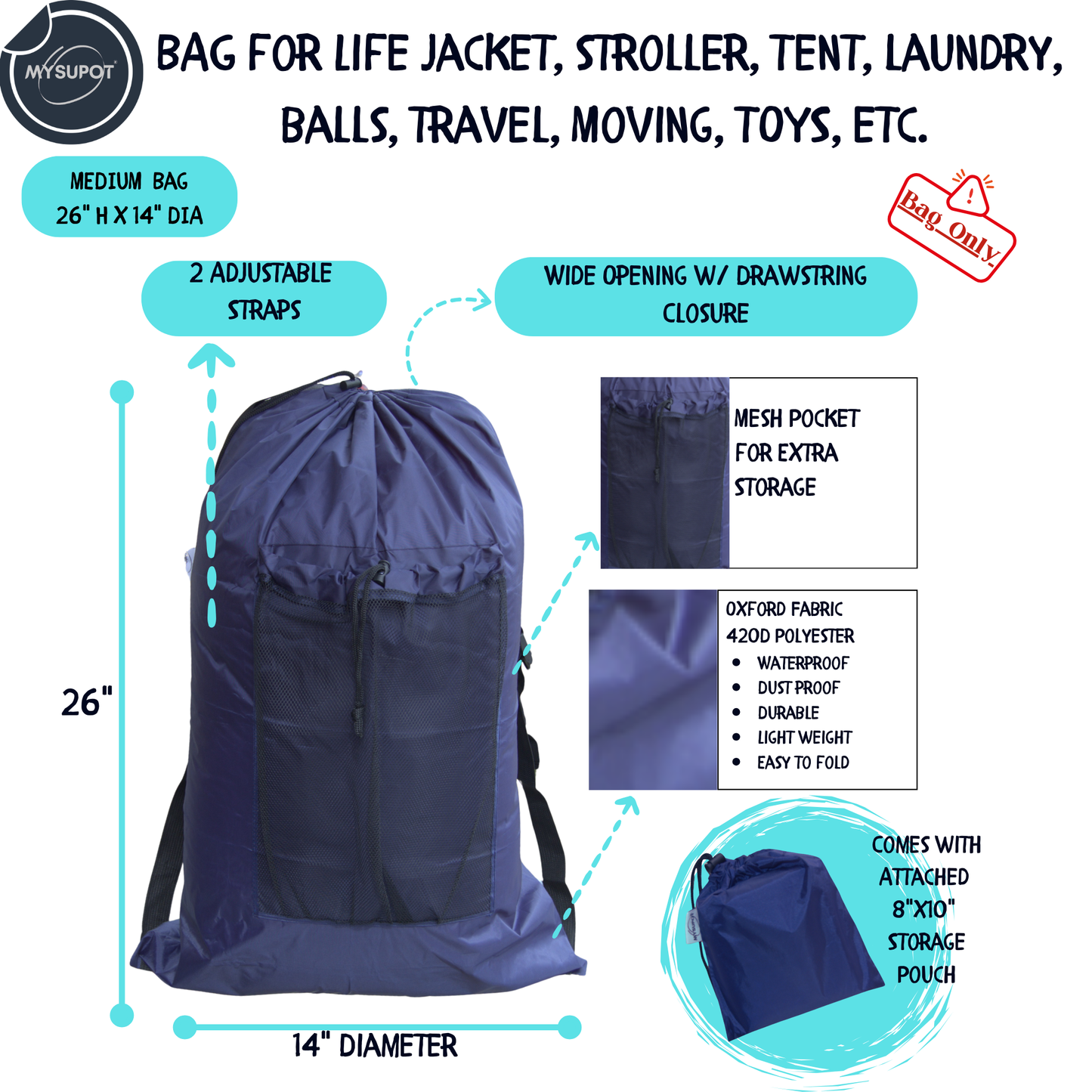 Multipurpose Bag – Lightweight 420D Polyester with Adjustable Straps (Navy Blue)